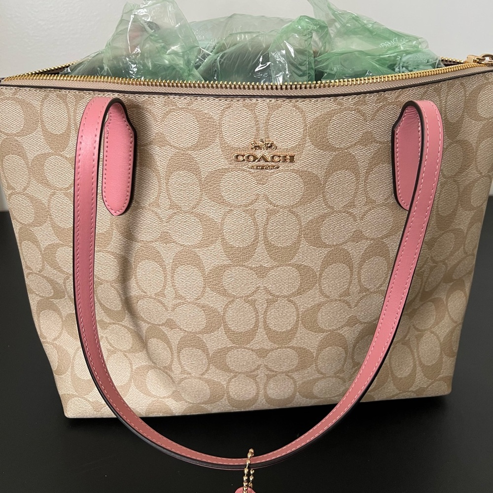 Coach Beige Signature Tote with Pink Straps